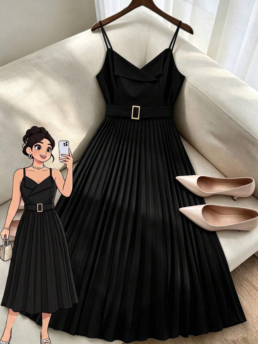GlowEve CURVE Plus Size Women's Solid Color Pleated Hem Elegant Cami Dress - Black - View 1