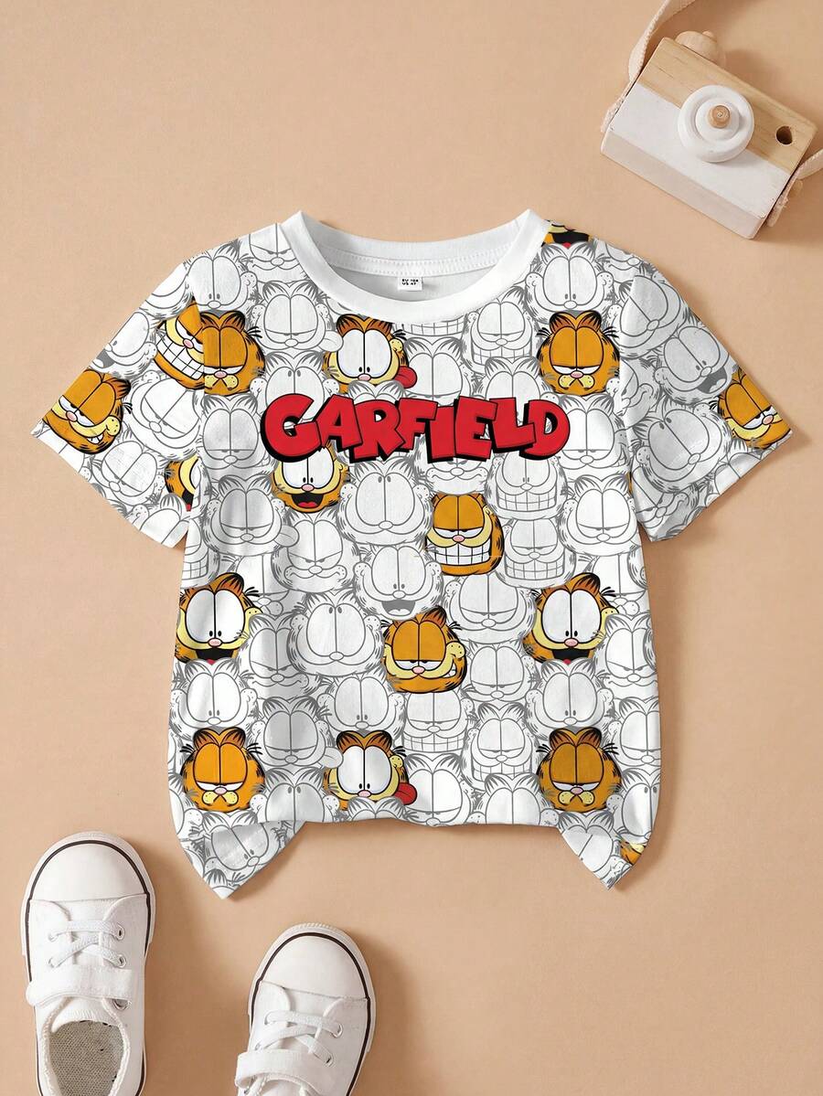 GARFIELD | SHEIN 男童可爱图案印花圆领短袖休闲T恤,全身印花 - 白色 - 查看 1