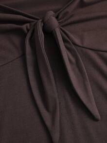 Sweetra Women's 2 Pieces Set Summer Fashion Niche Design Tie-Knot Square Neck Short Sleeve Knit Top Casual Wide Leg Straight Long Pants Lounge Dark Brown - Brown - View 7