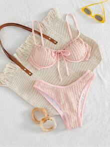 Swim Mod 新款女款 Coquette 性感可愛夏季海灘度假風 2 件式比基尼套裝 - 掛脖式紅色 - 粉色 - 查看 6