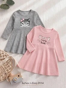 Cozy Pixies 女嬰圓領長袖洋裝，女嬰針織灰色粉色印花洋裝，春夏秋季洋裝，適合上學與日常穿著。件 - 彩色 - 查看 11