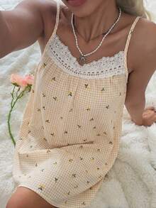 CottageSlumber Fresh Romantic Cute Kawaii Spaghetti Strap Embroidered Lace Puff Ruched Women's Nightgown Sleep White And Yellow Summer - Yellow - View 5