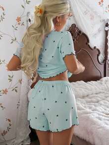 CottageSlumber Conjunto de pijama para mujer con camiseta de manga corta y pantalones cortos, ajuste holgado, acanalado, con estampado de corazones pequeños en color verde - verde menta - Ver 3