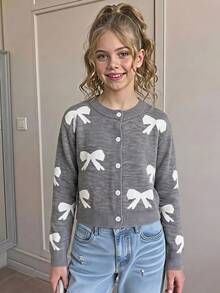 SHEIN 女童時尚休閒甜美蝴蝶結灰色米白色網格提花針織開襟衫，可愛百搭外套 - 灰色 - 查看 8