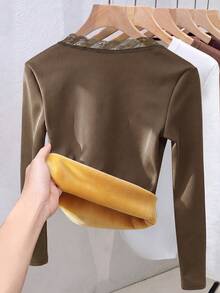 GlowEve Autumn/Winter Thermal Lined Thick Lace Patchwork Inner Layer Base Top - Khaki - View 2