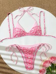 Swim Vcay 女款 2 件組海灘夏季套裝，多色隨機印花肩帶上衣與比基尼泳褲，2 合 1 泳衣套裝 - 彩色 - 查看 3