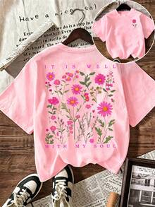 SHEIN LUNE Vintage Cute Romantic Style Women's T-Shirt - Charming Daisy Floral Print, Double-Sided Printing, Casual Summer Outfits, Brunch Pink Floral - Baby Pink - View 1