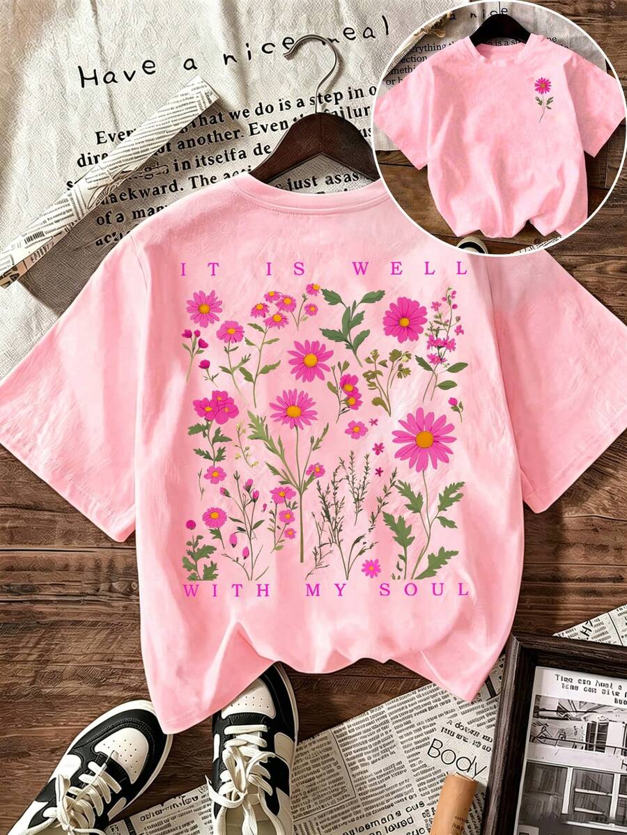 SHEIN LUNE Vintage Cute Romantic Style Women's T-Shirt - Charming Daisy Floral Print, Double-Sided Printing, Casual Summer Outfits, Brunch Pink Floral - Baby Pink - View 1