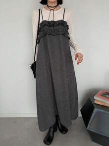 FRIFUL Women's Ruffle Strap Long Dress Vacation Brunch Dark Grey Summer French Elegant French - Grey - View 4