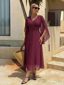 DAZY Women's Elegant Floral Ruffle Sleeve Dress, Spring/Summer Sundress - Burgundy - View 6