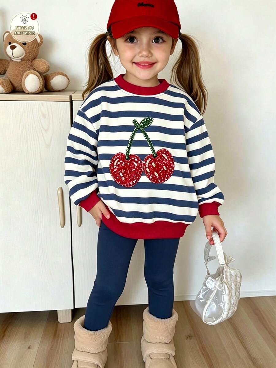 2件組少女休閒時尚條紋可愛水果櫻桃印花圓領套頭運動衫與修身長褲套裝,適合秋冬 - 彩色 - 查看 1