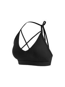 SHEIN Cheerettes 女款純色交叉背帶日常健身運動內衣 - 黑色 - 查看 8