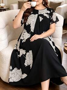 Lacomfia Plus Size Women's Chiffon Printed Double Layer A-Line Casual Dress - Black - View 1