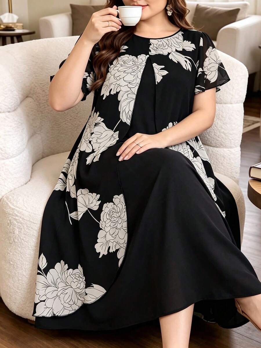 Lacomfia Plus Size Women's Chiffon Printed Double Layer A-Line Casual Dress - Black - View 1