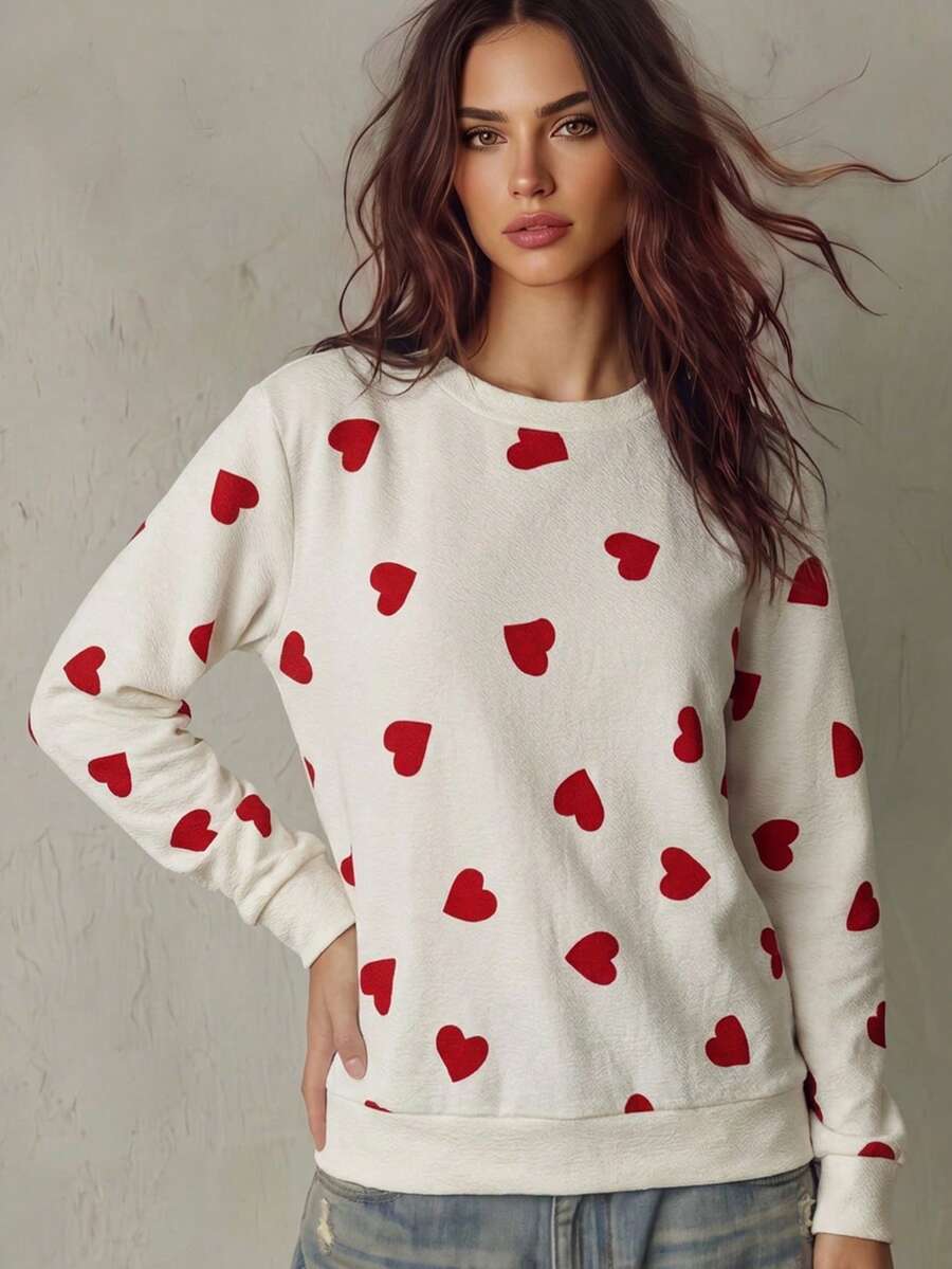 Calvaya Casual Daily Heart Print Loose Sweatshirt For Women, Long Sleeve, Spring/Autumn Graduation, Teachers For Women, Back To School Pullover Fall - Red and White - View 1