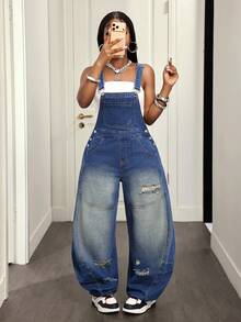 Slaydiva Women's Super Loose Curved Leg Denim Overalls - Blue - View 4