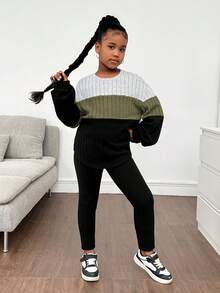 SHEIN Tween Girls Casual Colorblock Ribbed Long Sleeve Top And Pants 2 Pieces Set - Green - View 3
