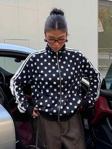 Muchica Black And White Polka Dot Floral Applique Trim Women's Lightweight Jacket Everyday Autumn Streetwear - Navy Blue - View 1