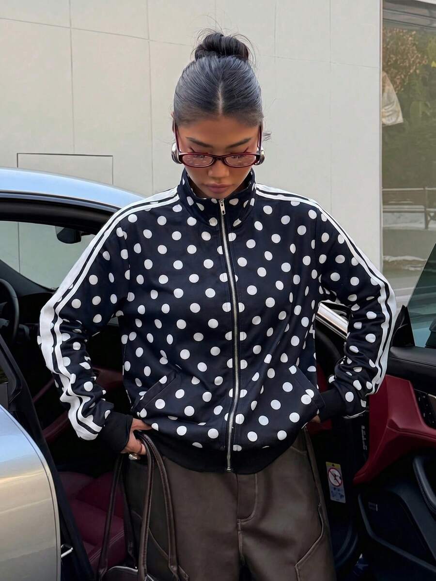 Muchica Black And White Polka Dot Floral Applique Trim Women's Lightweight Jacket Everyday Autumn Streetwear - Navy Blue - View 1