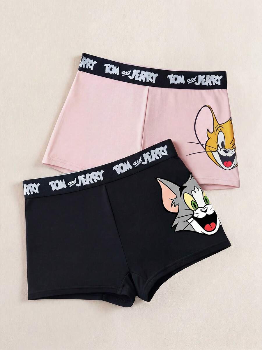 TOM & JERRY X SHEIN 女士两件套舒适可爱卡通图案字母腰带平角短裤 - 粉色 - 查看 1