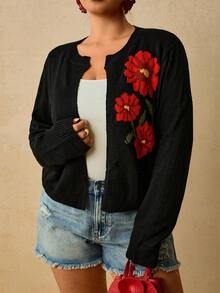 Travachic Cardigan Rajut Jacquard Kasual Serbaguna Ukuran Plus untuk Wanita Musim Gugur - Hitam - View 2