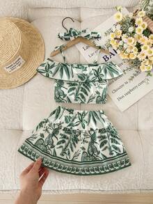 SHEIN Playful Pals 夏季女孩百搭時尚度假風花卉印花荷葉邊上衣 & A字裙 2件套 - 綠色 - 查看 4