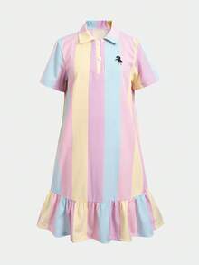 SHEIN 少女條紋騎士印花鈕扣半開襟短袖洋裝 - 彩色 - 查看 2