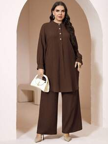 Veilorie Plus Size Women Solid Color Button Half-Placket Long Sleeve Shirt And Pants Casual 2-Piece Set Fall - Coffee Brown - View 3