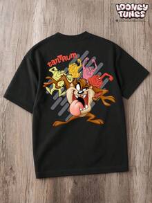 LOONEY TUNES X SHEIN Manfinity Joysei 男士字母卡通印花圓領短袖休閒T恤 - 黑色 - 查看 2