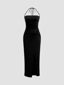 SHEIN MOOSTA Women's All-Season Sexy Halter Neck Casual Minimalist Slit Dress - Black - View 1