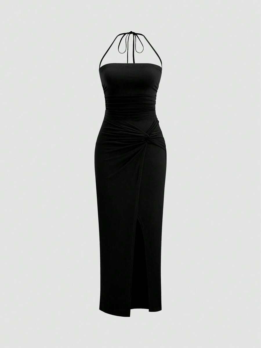 SHEIN MOOSTA Women's All-Season Sexy Halter Neck Casual Minimalist Slit Dress - Black - View 1