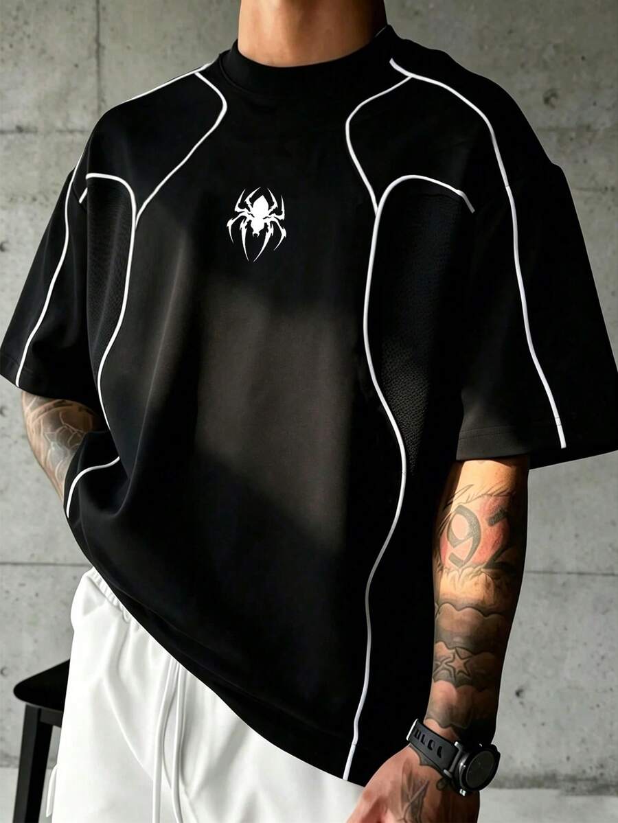 Sport MetroGents Men's Plus Size Spider Pattern Striped Print Colorblock Short Sleeve Sports T-Shirt - Black - View 1