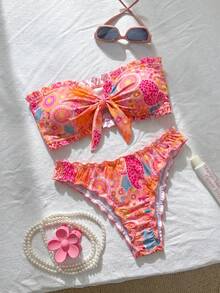 Swim Mod 女款波點印花綁帶抓皺抹胸上衣與三角比基尼泳褲套裝 - 彩色 - 查看 3