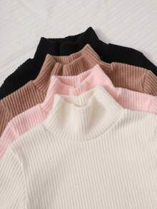 SHEIN 青少年女孩 T-Shirt 百搭休閒貓咪印花 4件組 高領長袖保暖內層打底衫 - 彩色 - 查看 3