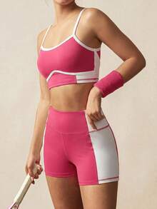 VARSIVA Black And White Contrasting Patchwork Strips Hollow High Waist Women Sports Sets - Hot Pink - View 7