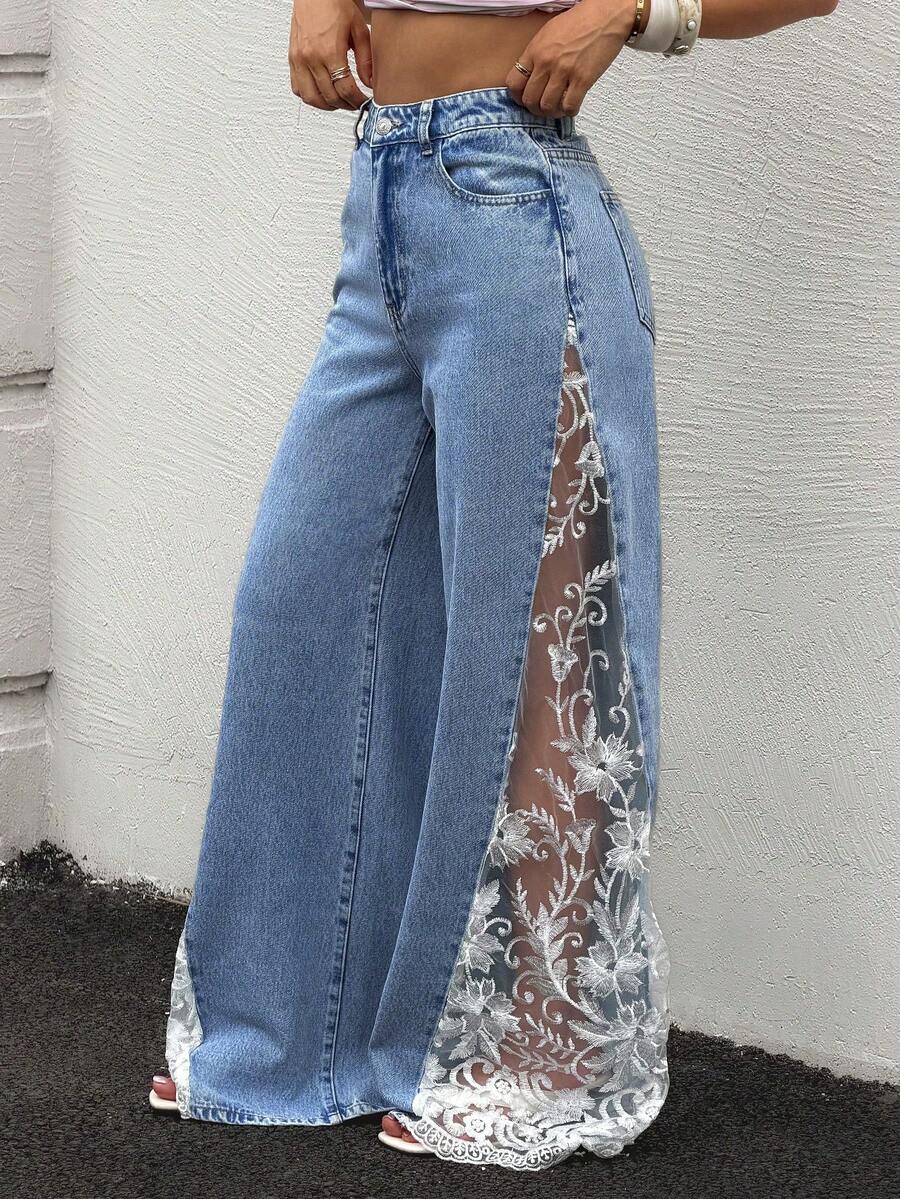 Rivivi 高腰寬鬆刺繡網格大尺碼女款寬腿牛仔褲 - 藍色 - 查看 1