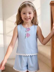 SHEIN Genkimix Kids 女童 2 件組極簡休閒日常穿著 梭織波浪皺褶背心與短褲套裝，適合夏季涼爽穿搭 - 藍色 - 查看 10