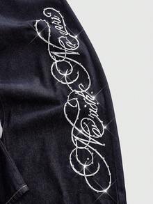 ROMWE MEN Jeans de mezclilla de corte holgado para hombre con patrón de bordado de diamantes brillantes - Azul lavado oscuro - Ver 3