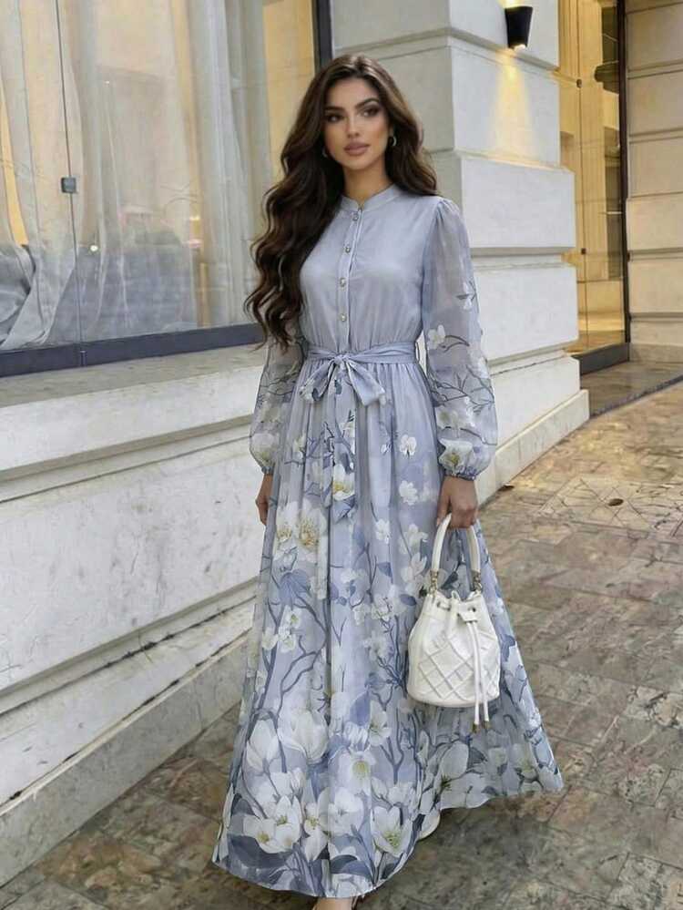 Veilorie Gaun Wanita Elegan dengan Motif Bunga dan Pinggang Berpilin, Cocok untuk Pesta dan Acara Jalan-jalan - Abu-abu Biru - View 1