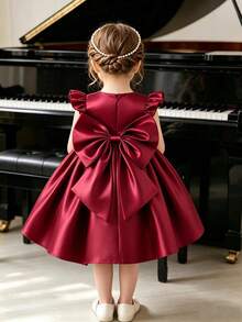 SHEIN Glamorique Kids Infant Girl Wedding Flower Girl Dress, Burgundy Glossy Fabric, 3D Bow Back, Train, Baby Girl Dress, 1st Birthday Dress Autumn Winter - Burgundy - View 3