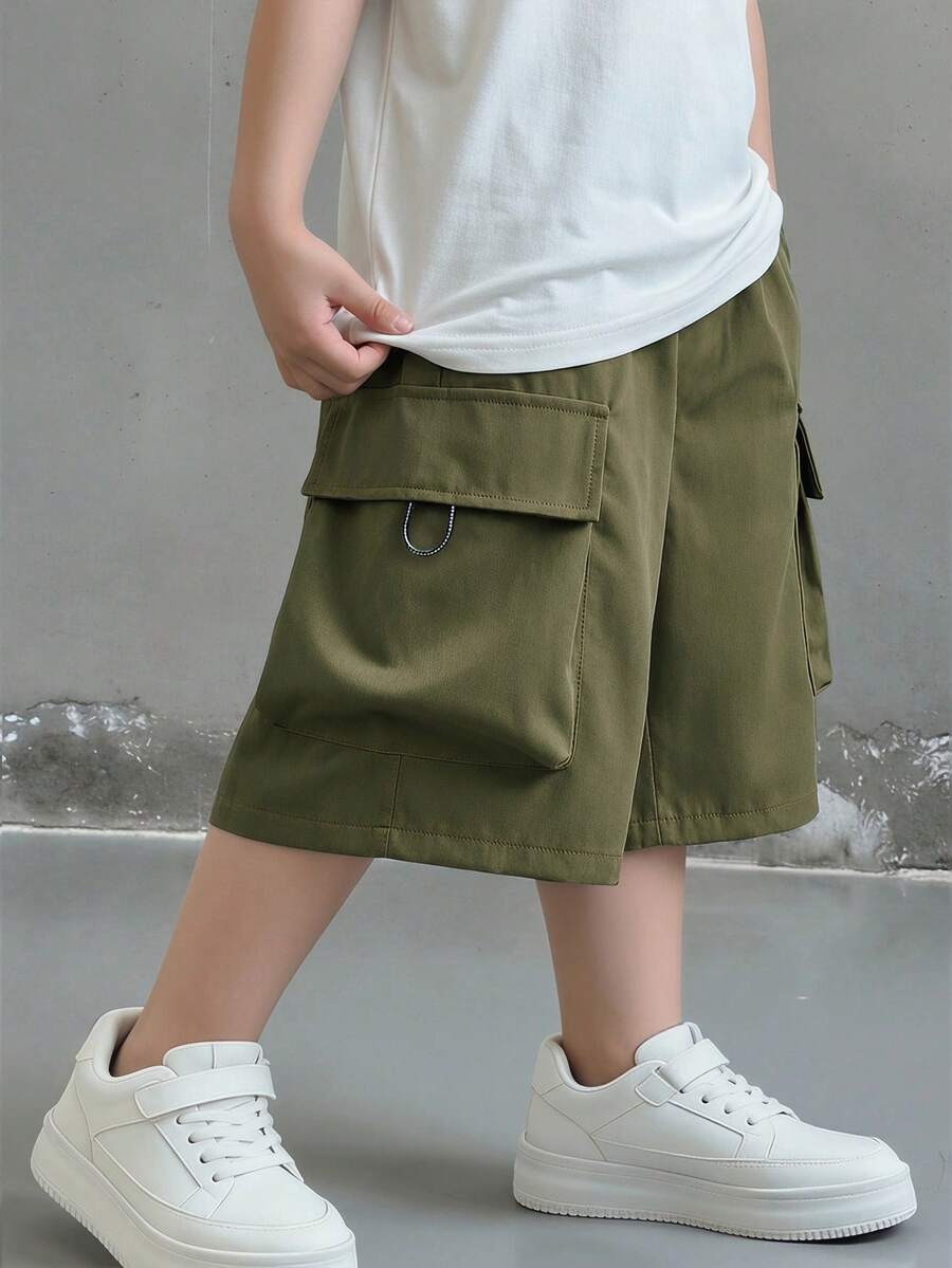 Tween Boys' Casual Everyday Comfortable Patch Pocket Loose Solid Woven Shorts - Army Green - View 1