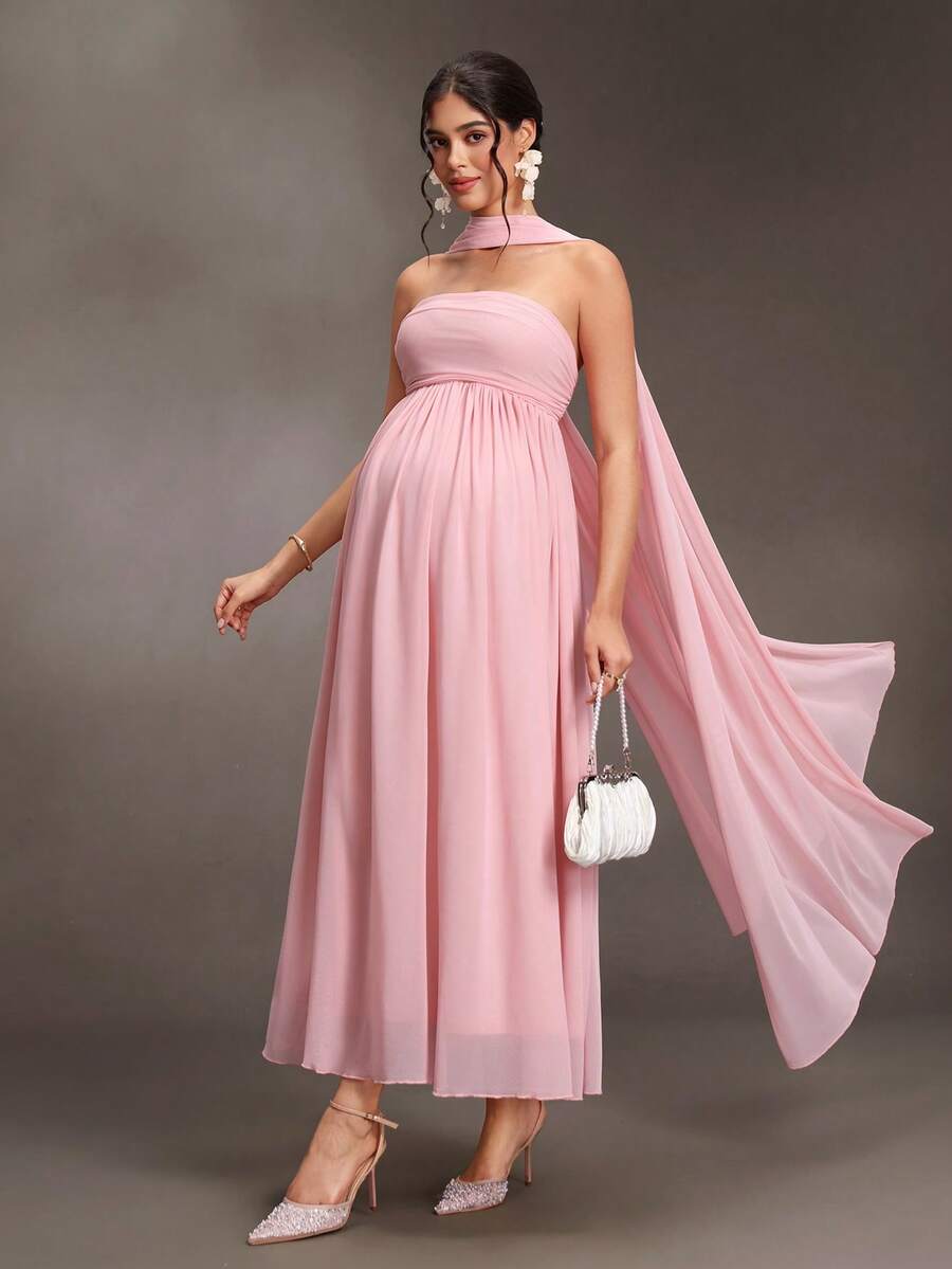 Cheriluna Maternity Elegant Maternity Cape-Style Cinched Waist Flared Regular Dress, Suitable For Family Gatherings, Parties, Birthday Banquets, Spring Festival And Other Occasions - Pink - View 1