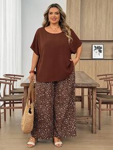 SHEIN CURVE+ Curve 尺码 US22 音乐节、海滨度假、波西米亚风两件套女士度假宽松衬衫和碎花长裤套装 夏季套装 - 棕色 - 查看 7