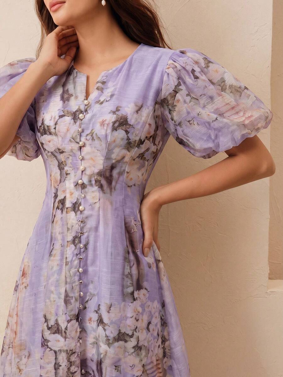 Anewsta 女款夏季洋裝，法式復古油畫印花 V 領泡泡袖珍珠鈕扣收腰 A 字中長洋裝，粉色優雅風 - 紫色 - 查看 1