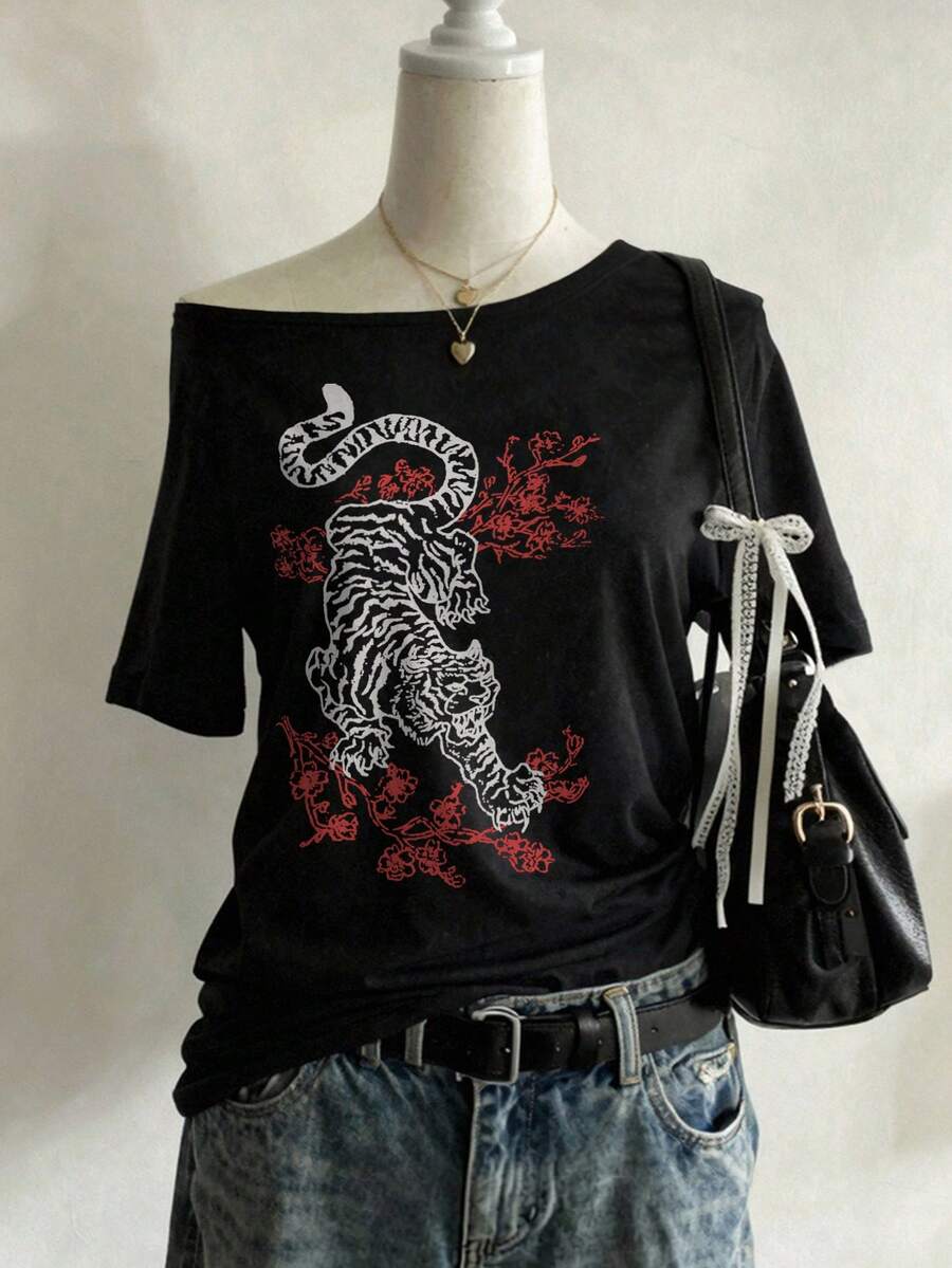 Lalippa Y2K女款休閒不對稱肩虎紋與花卉印花上衣,不對稱肩休閒短袖T恤,適合日常休閒穿著 - 黑色 - 查看 1