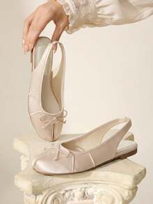 CUCCOO CHICEST Sepatu Balet Wanita Satin Berkerut dengan Pita, Ujung Terpisah, Ujung Bulat, Elegan, Warna Beige, Sepatu Kasual Sehari-hari - Aprikot - View 4