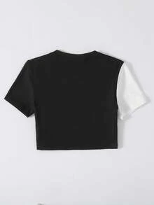 SHEIN Franclia Tops con gráficos de mujer con cuello redondo de dos tonos - Blanco y Negro - Ver 2