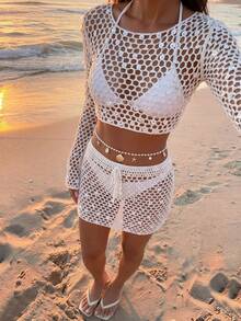 SHEIN Women's Hollow Out Sequin Design Long Sleeve Sweater And Knit Skirt 2 Pieces Set,Mesh Sequin Beach Two Pieces Set - Apricot - View 3