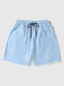 ROMWE MEN Plus Size Men's Casual Versatile Embroidered Drawstring Waist Pocket Shorts - Blue - View 1