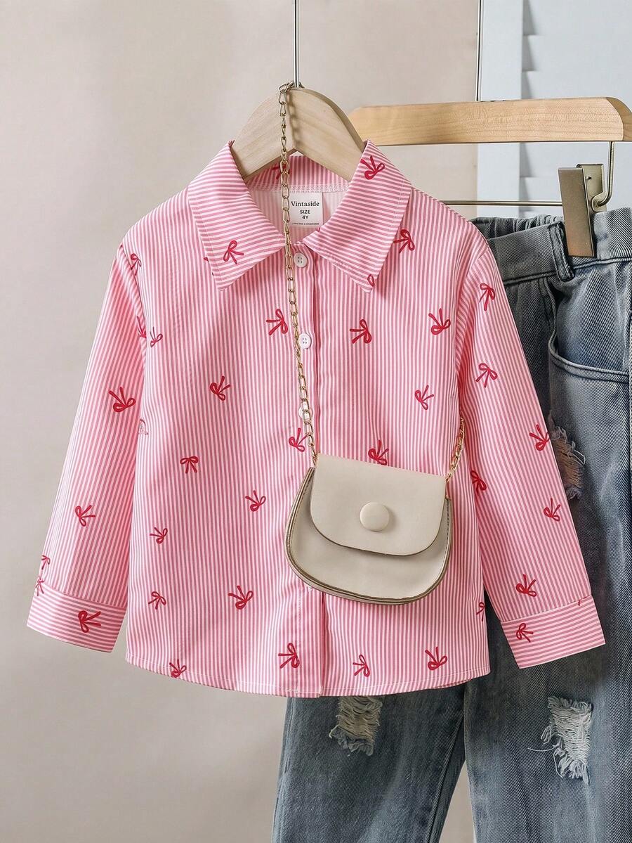 SHEIN Vintaside Kids 女童檸檬條紋印花清新輕盈設計襯衫,翻領長袖寬鬆休閒襯衫,仿檸檬刺繡圖案,春/秋休閒襯衫 - 粉色 - 查看 1